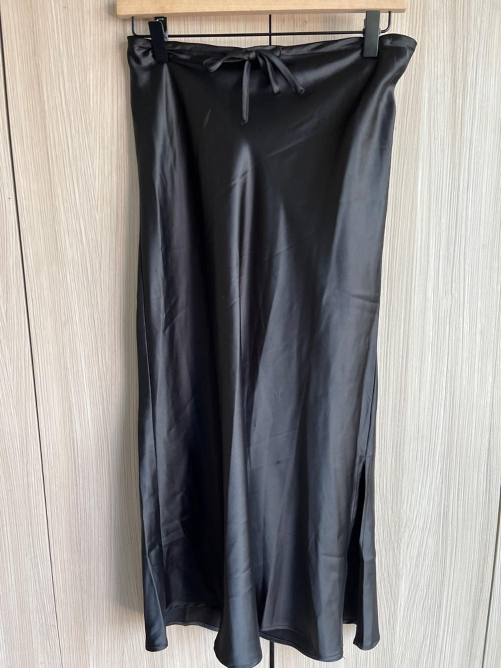 Dress Forum Black Satin Midi Slip Skirt with Side Slit